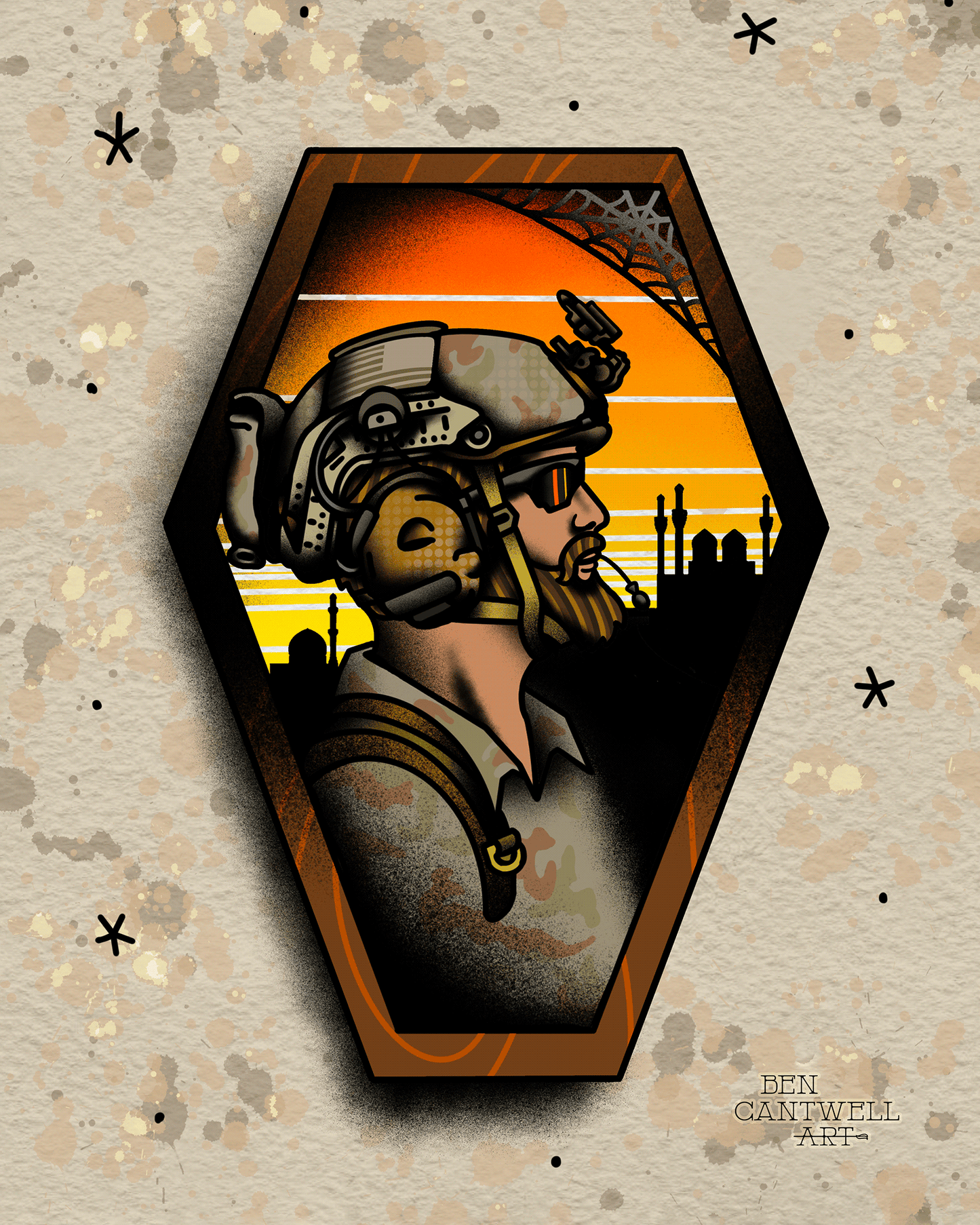 Iraqi Sunset print by Ben Cantwell Art showcasing warm orange and purple hues in a vibrant sunset landscape.