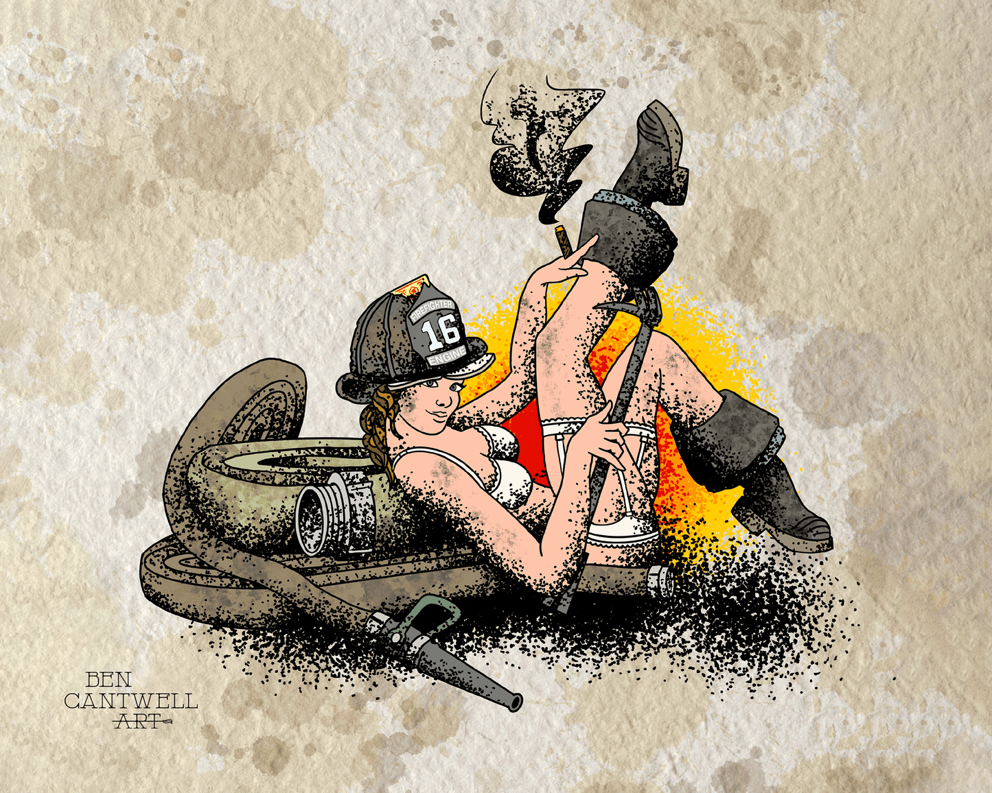 Print of a firefighter pin-up art by Ben Cantwell Art featuring a vintage-style firefighter illustration.