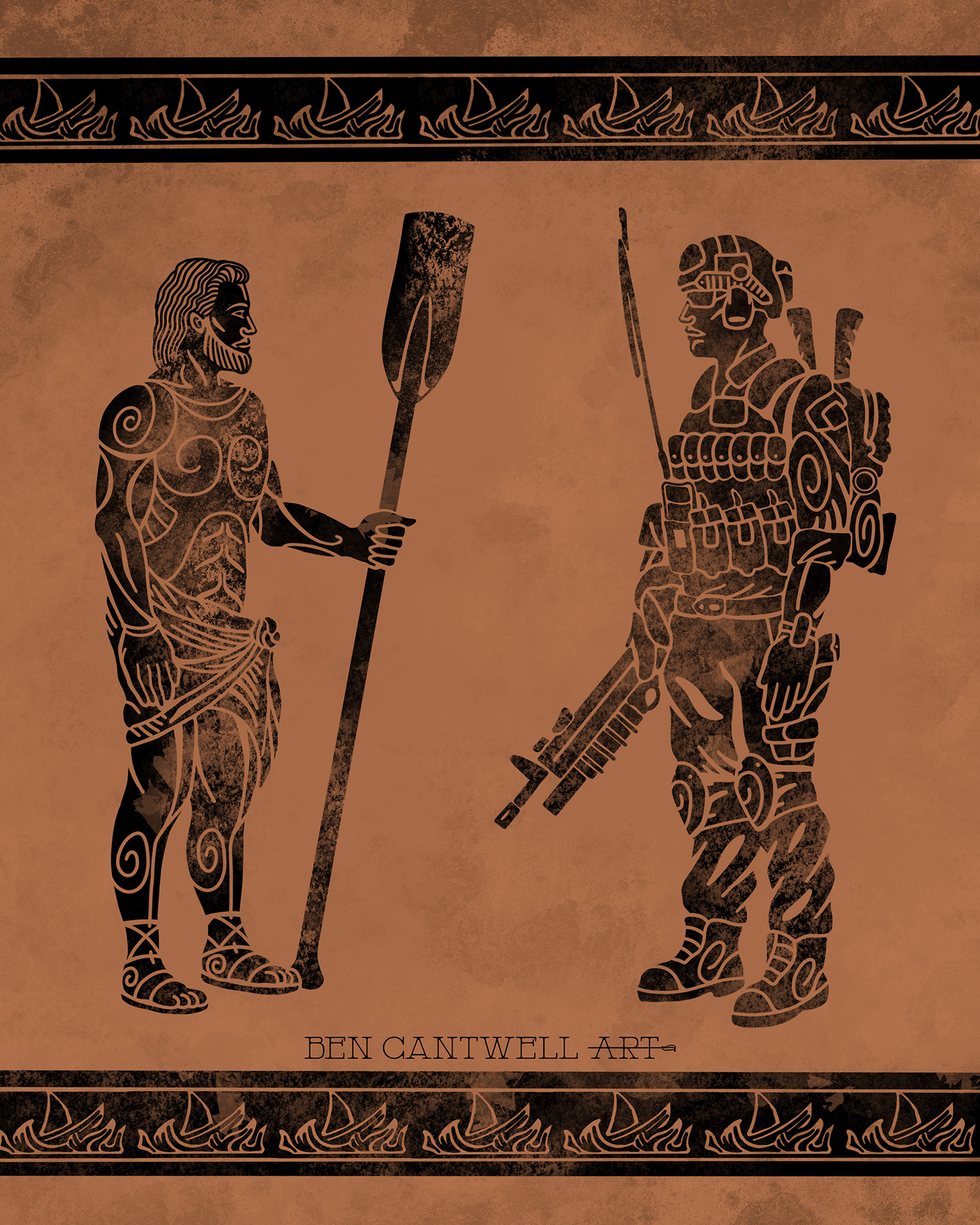 Print of ancient and modern warrior, featuring Odysseus with an oar, by Ben Cantwell Art, showcasing Greek warrior imagery