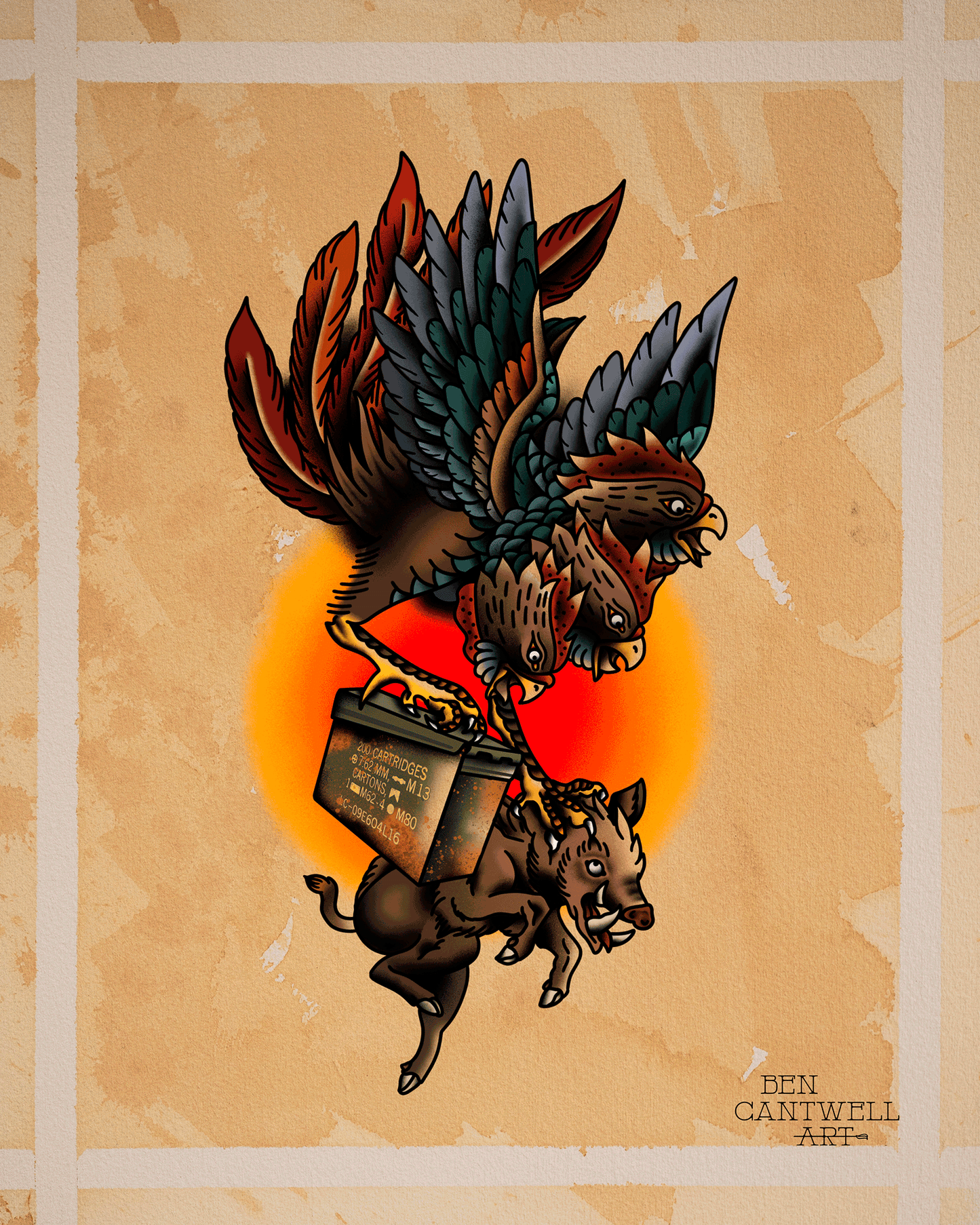 Print featuring a three-headed rooster, pig, and ammo can artwork by Ben Cantwell Art, with detailed, colorful illustrations.