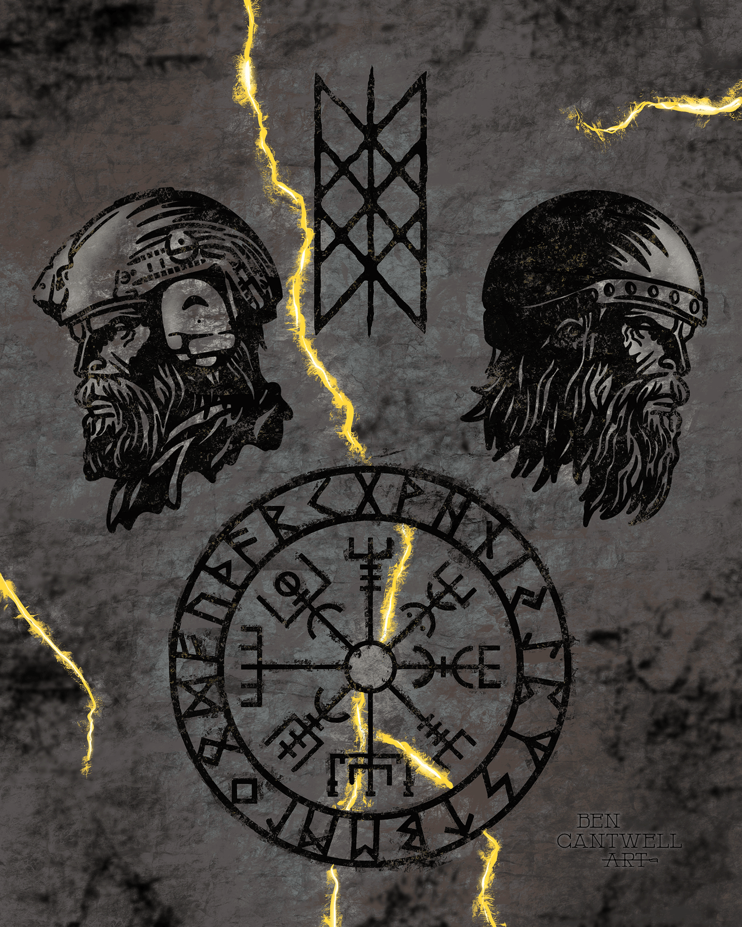 Viking warrior print by Ben Cantwell Art showing an ancient and modern warrior in detailed armor and weaponry.