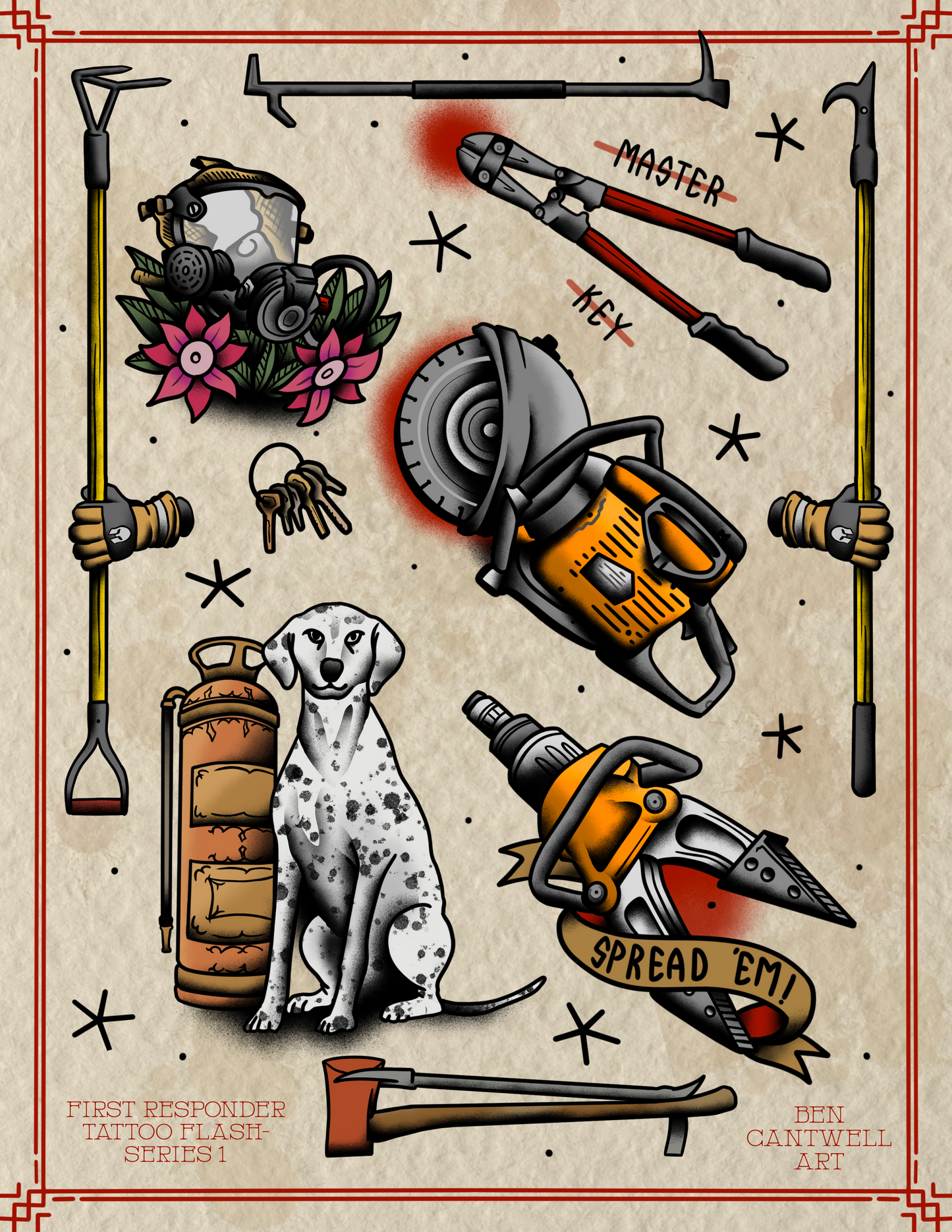 Firefighter-themed tattoo flash sheet featuring first responder illustrations by Ben Cantwell Art, showcasing detailed print designs.