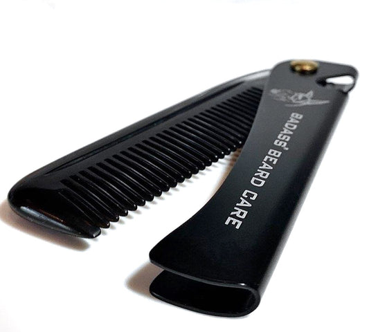 Badass Beard Care 2-in-1 folding ox horn comb showing its compact design and natural wood finish for grooming and styling.
