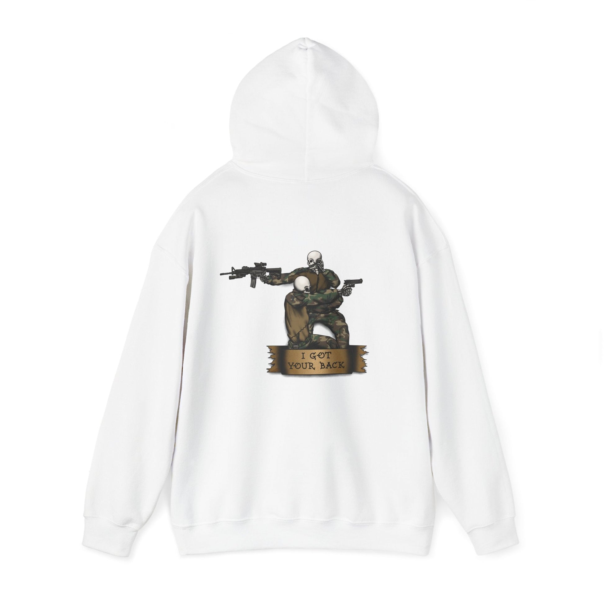 Ben Cantwell Art "I Got Your Back" Skeletons hoodie featuring a skeleton graphic on a black casual hoodie.