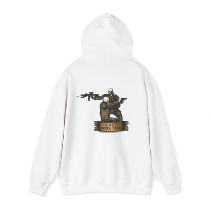 Ben Cantwell Art "I Got Your Back" Skeletons hoodie featuring a skeleton graphic on a black casual hoodie.