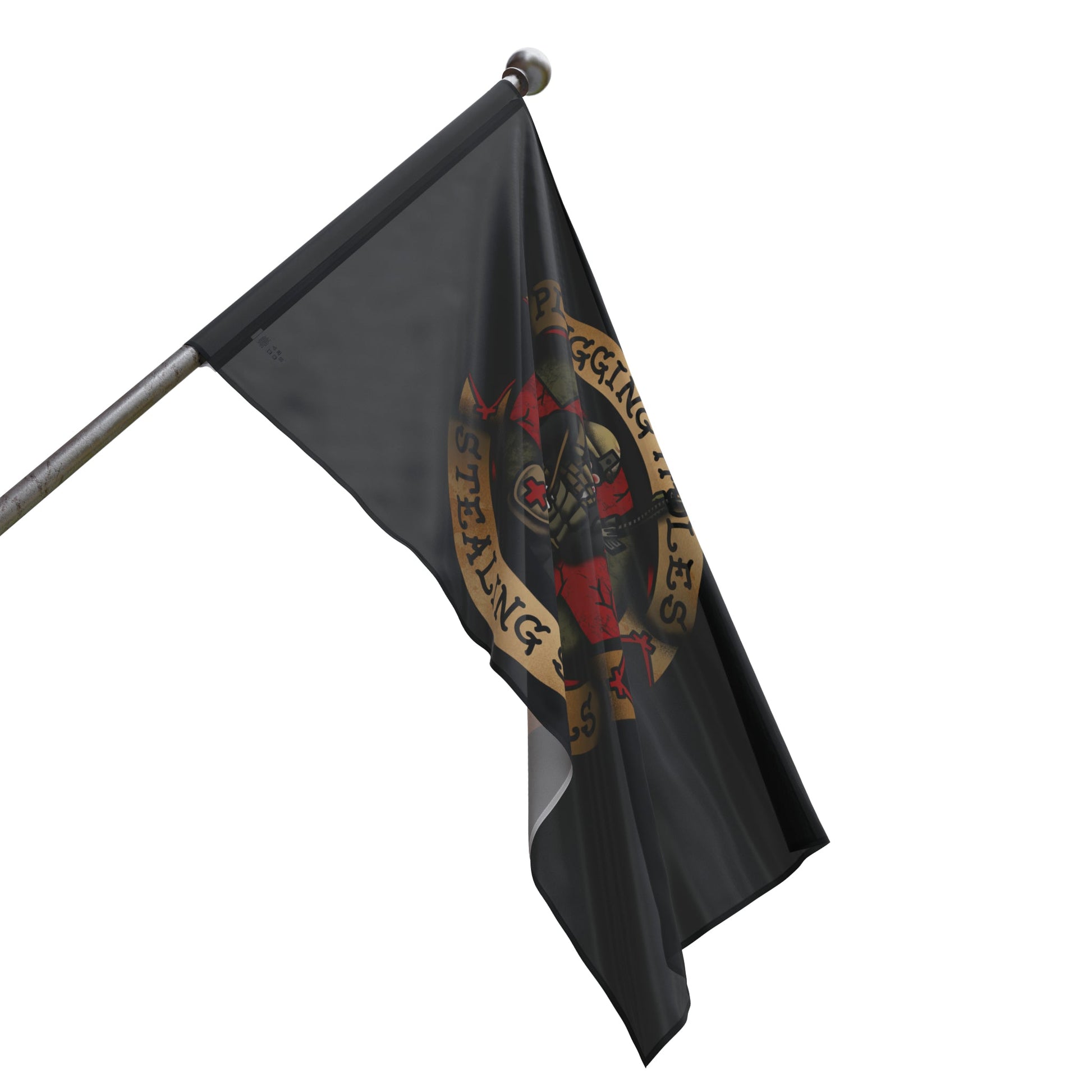 Ben Cantwell Art "Pluggin' Holes and Stealin' Souls" remastered flag, vibrant home decor with detailed artwork design.