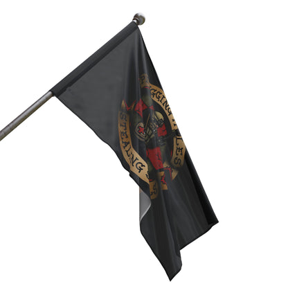 Ben Cantwell Art "Pluggin' Holes and Stealin' Souls" remastered flag, vibrant home decor with detailed artwork design.