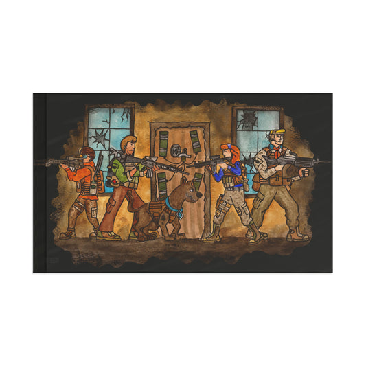 Ben Cantwell Art Scooby Doo and the Gang Take the Door flag, vibrant home decor featuring classic cartoon characters on fabric.