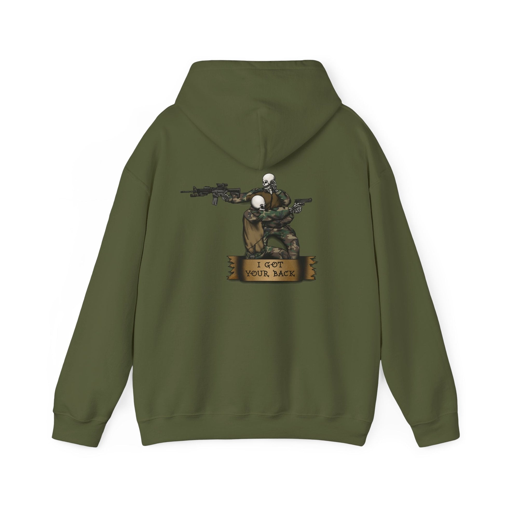 Black hoodie featuring "I Got Your Back" skeletons design by Ben Cantwell Art, with front graphic and casual fit.