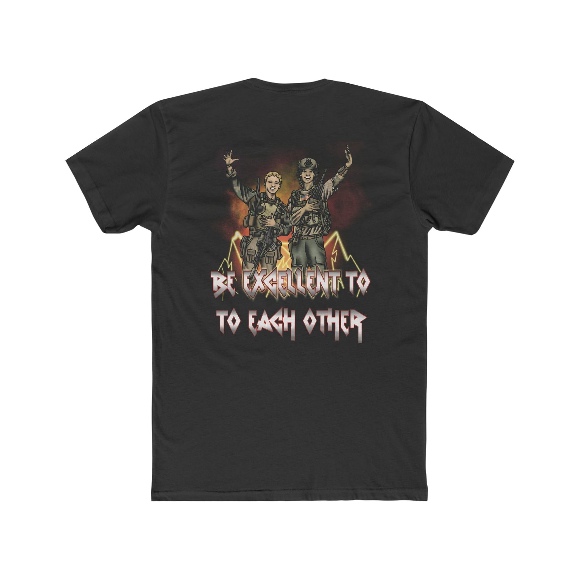 Ben Cantwell Art crew T-shirt featuring Bill and Ted "Be Excellent To Each Other" slogan, casual fit, vibrant design.