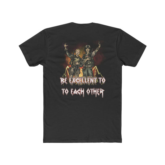 Ben Cantwell Art crew T-shirt featuring Bill and Ted "Be Excellent To Each Other" slogan, casual fit, vibrant design.