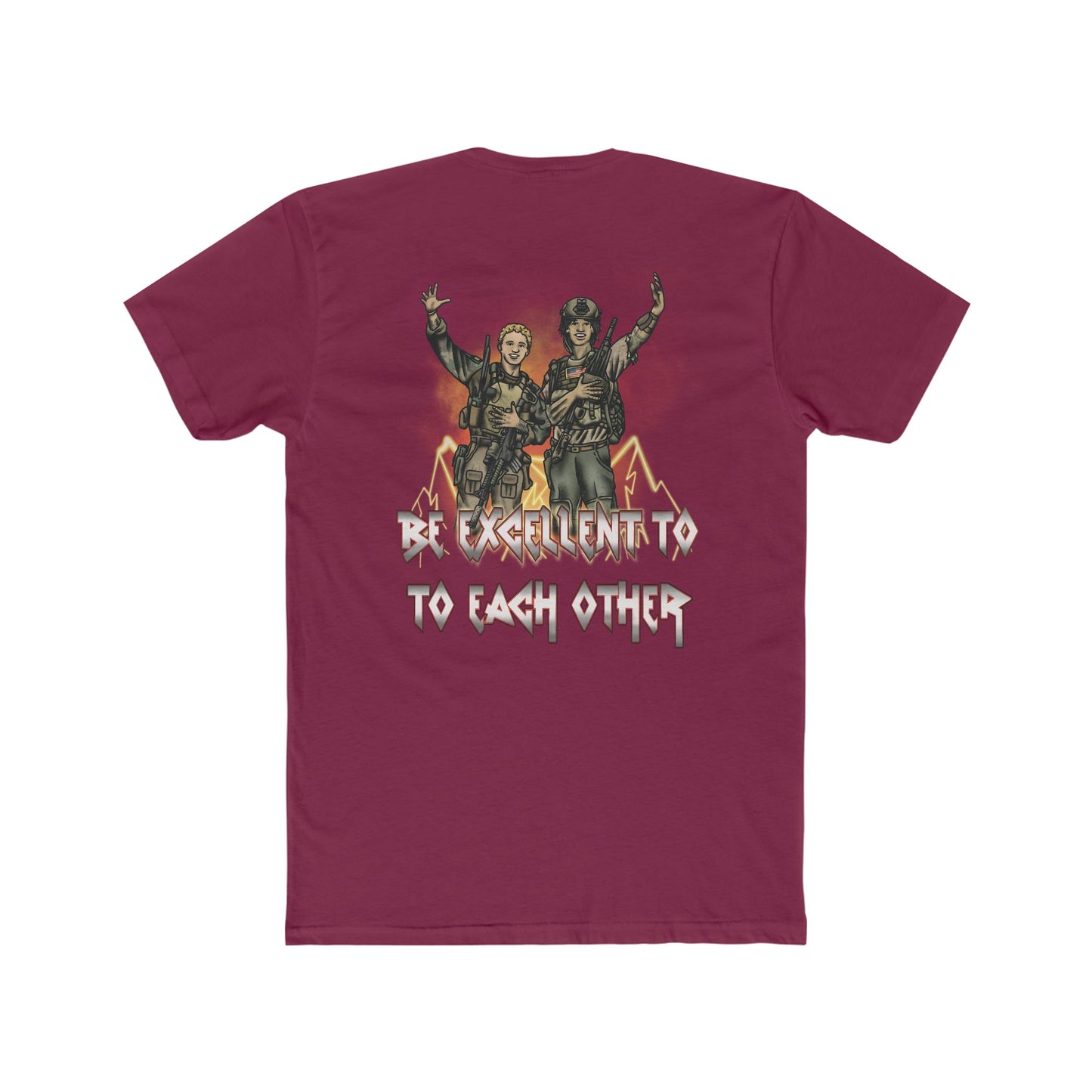 Ben Cantwell Art crew t-shirt featuring Bill and Ted "Be Excellent To Each Other" print, casual fit, black cotton fabric.