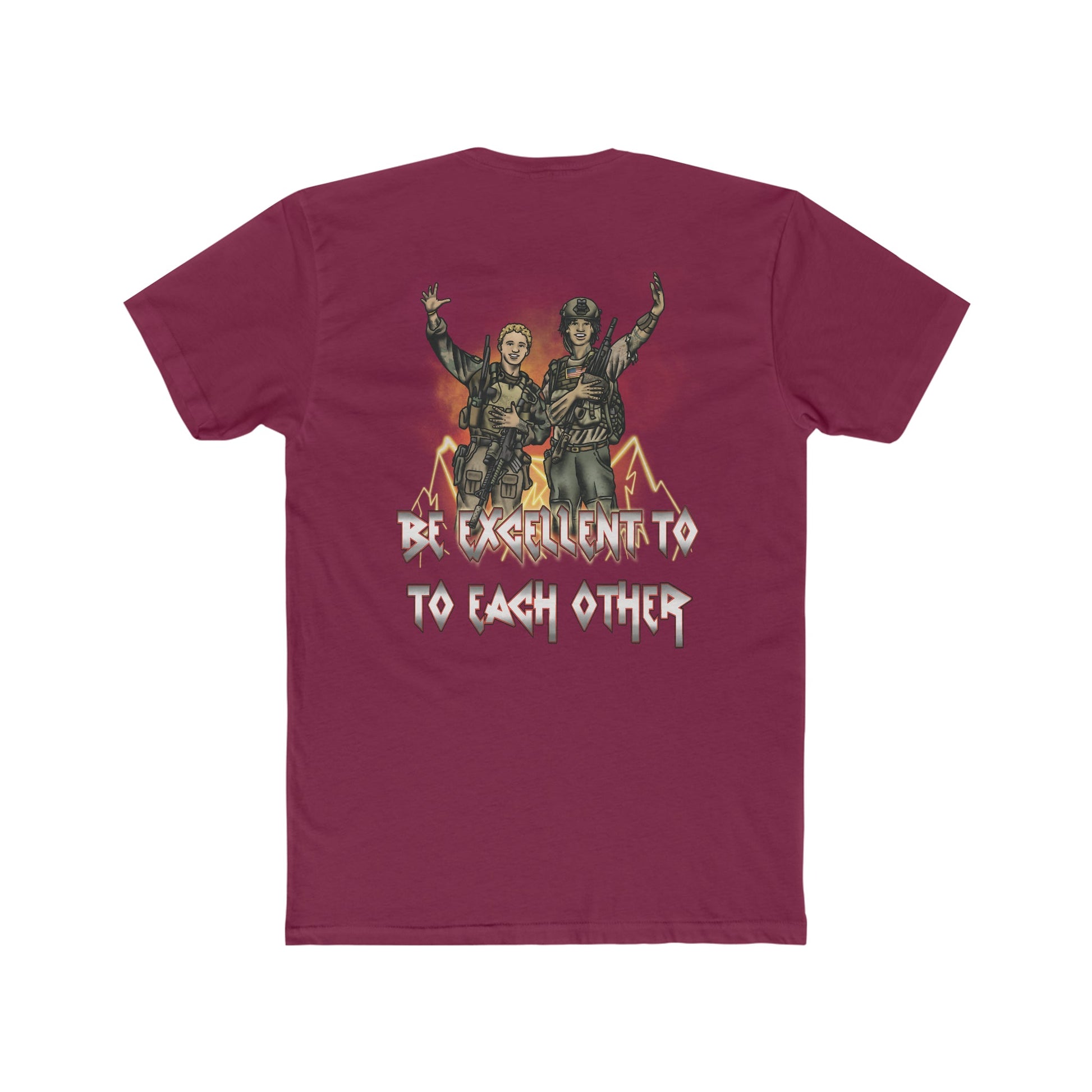 Ben Cantwell Art crew t-shirt featuring Bill and Ted "Be Excellent To Each Other" print, casual fit, black cotton fabric.