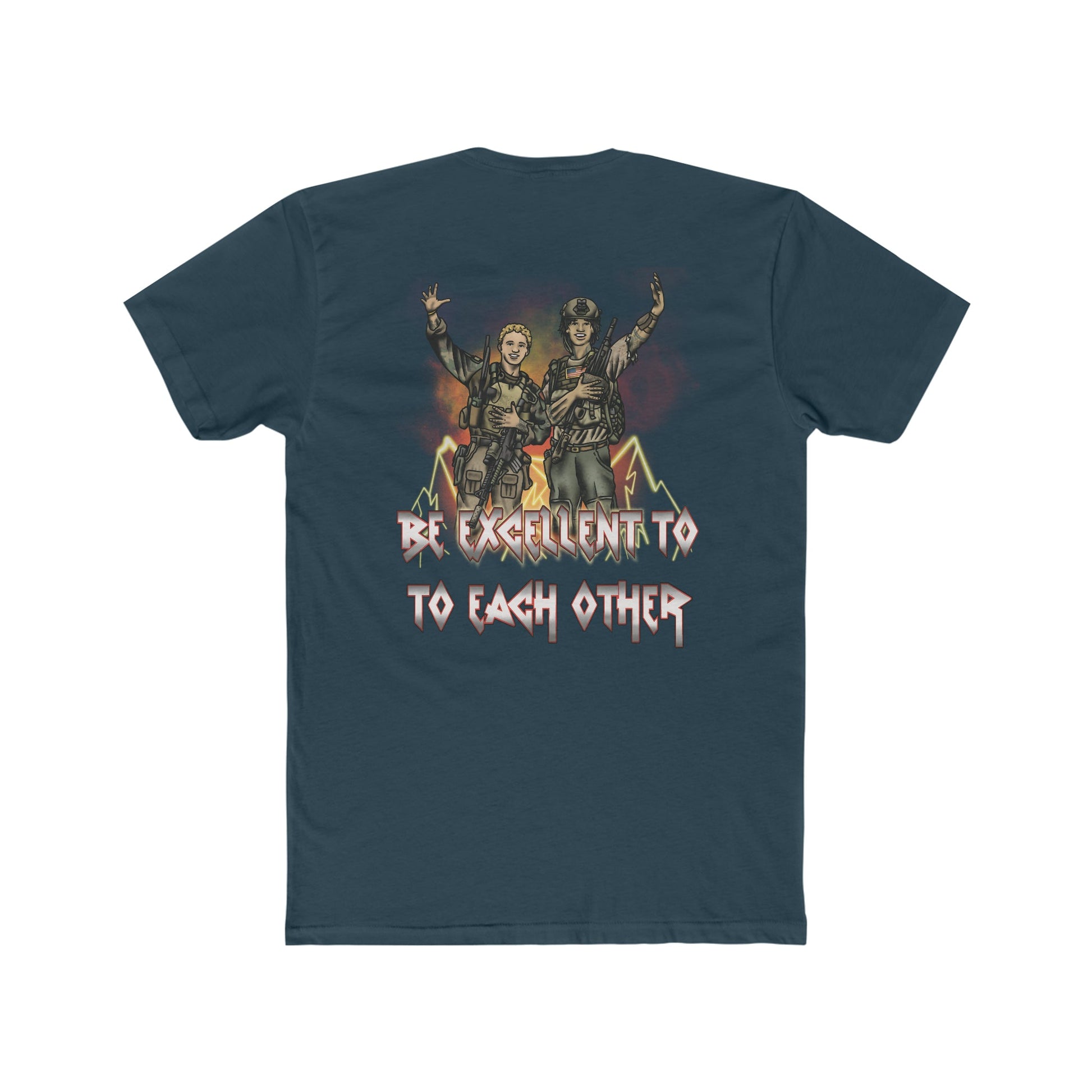 Ben Cantwell Art crew T-shirt featuring Bill and Ted "Be Excellent To Each Other" printed slogan on a casual tee.