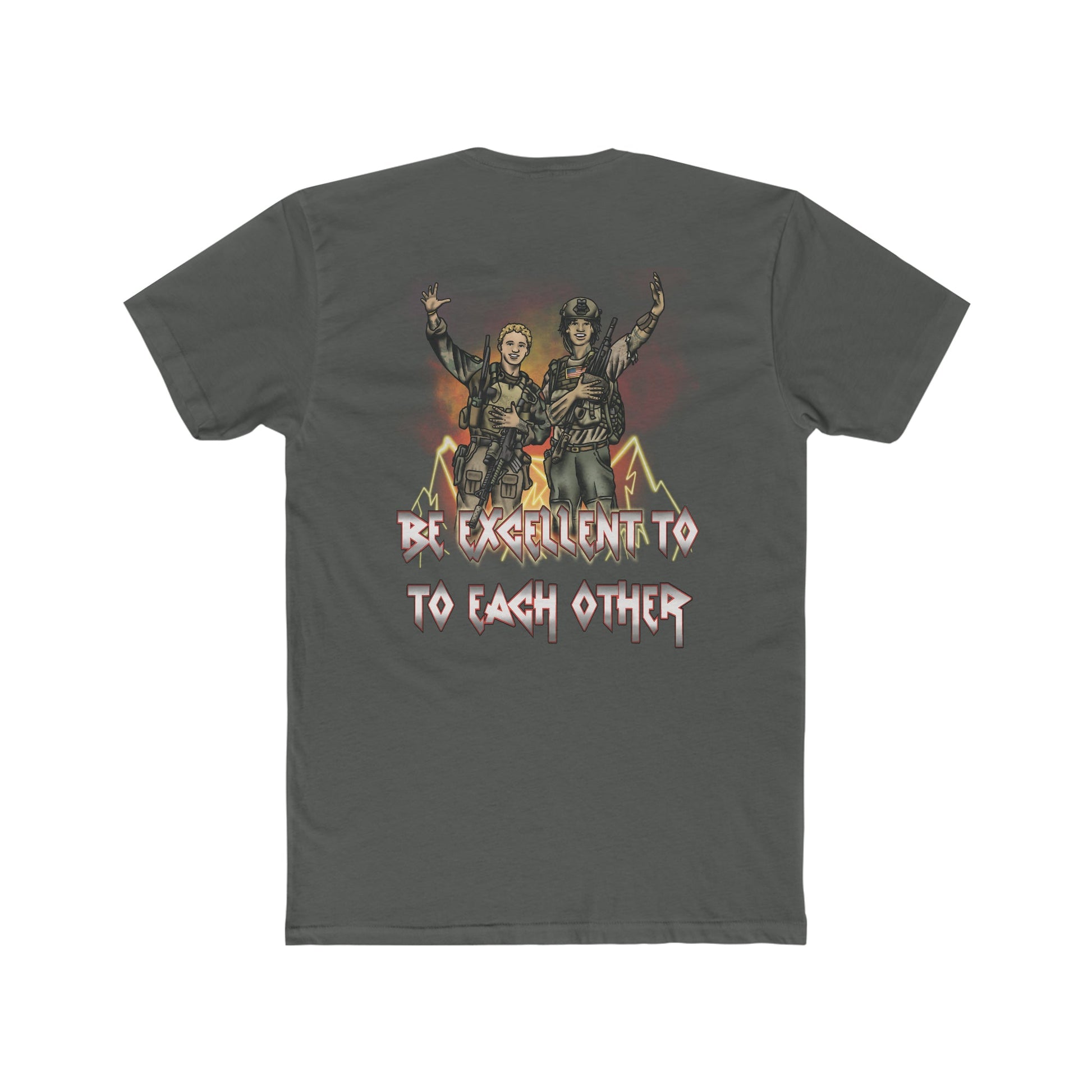 Ben Cantwell Art Bill and Ted crew T-shirt featuring "Be Excellent To Each Other" slogan in bold text on a casual crew neck tee.