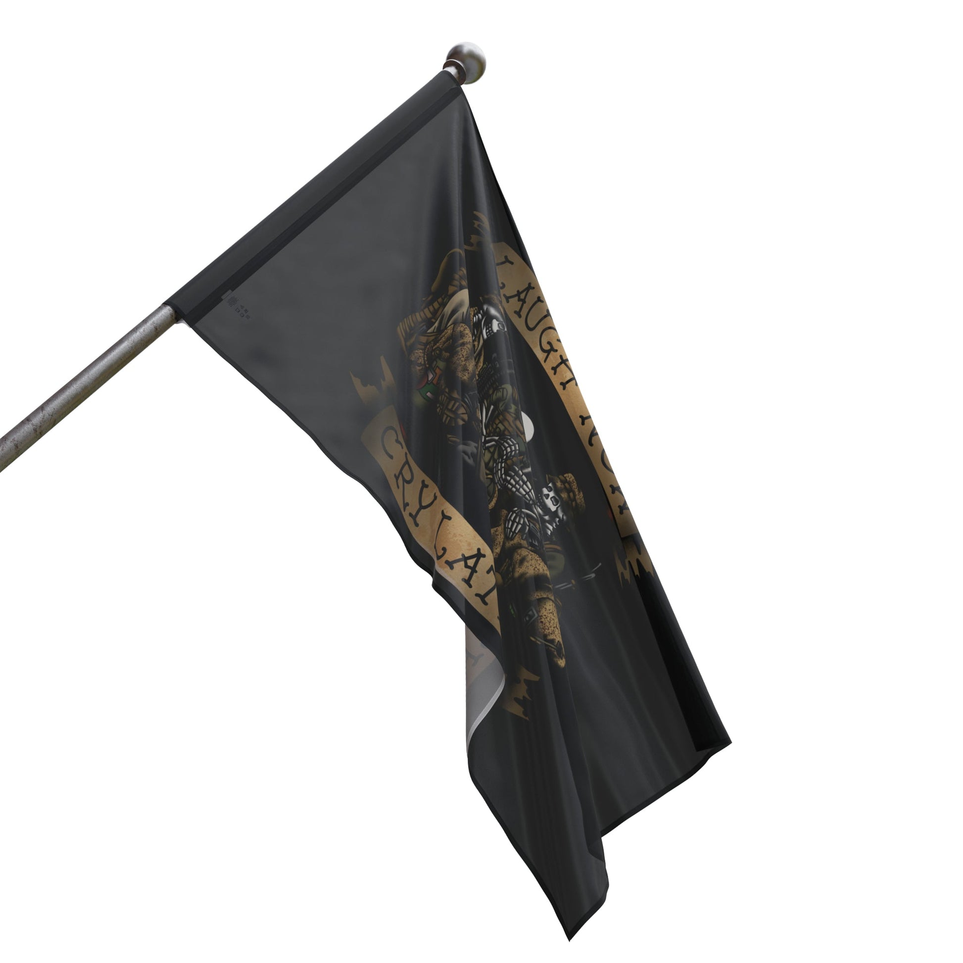 Ben Cantwell Art Laugh Now Cry Later Skeletons flag, vibrant home decor with skeleton design for wall display.