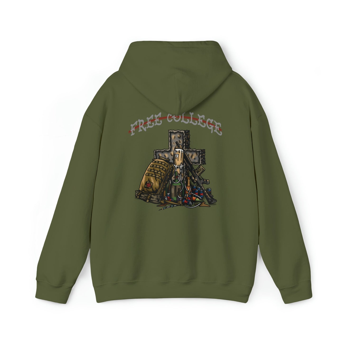 Ben Cantwell Art Free College Cross hoodie featuring a comfortable black hoodie with a printed college cross design on the front.