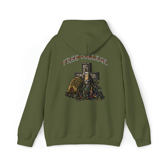 Ben Cantwell Art Free College Cross hoodie featuring a comfortable black hoodie with a printed college cross design on the front.