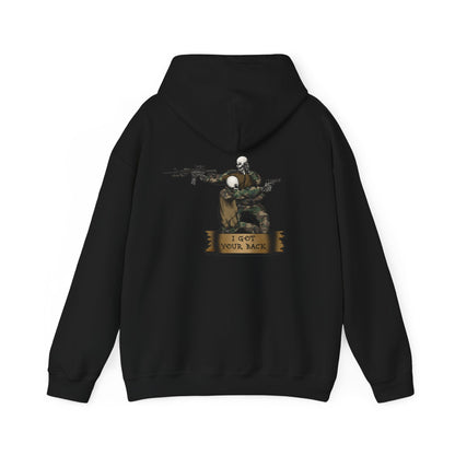 Ben Cantwell Art "I Got Your Back" Skeletons hoodie featuring a graphic skeleton design on a comfortable black hoodie.