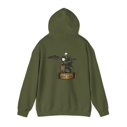 Ben Cantwell Art "I Got Your Back" skeleton hoodie featuring a skeleton illustration on a cozy black hoodie.
