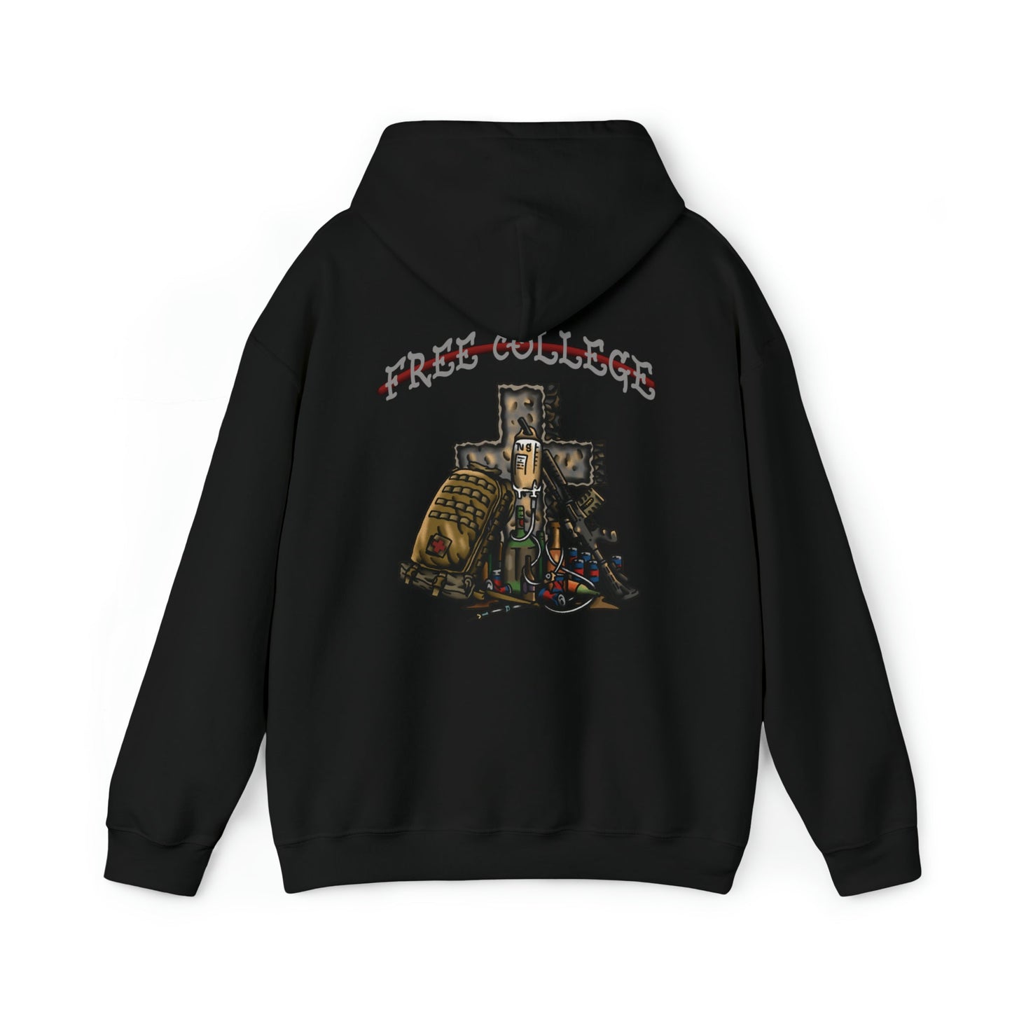 Ben Cantwell Art Free College Cross hoodie, black hoodie with white college cross graphic on front, casual and comfortable apparel.