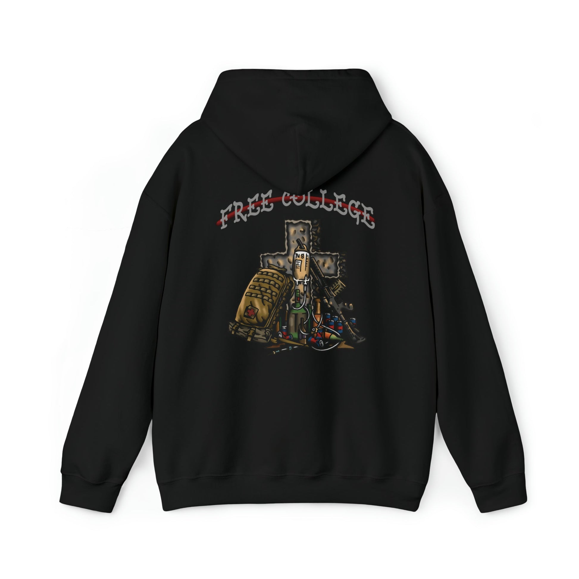 Ben Cantwell Art Free College Cross hoodie, black hoodie with white college cross graphic on front, casual and comfortable apparel.
