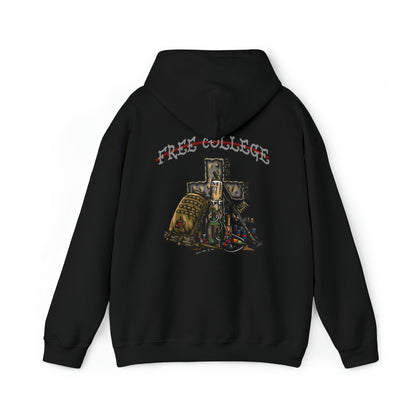 Ben Cantwell Art Free College Cross hoodie, black hoodie with white college cross graphic on front, casual and comfortable apparel.