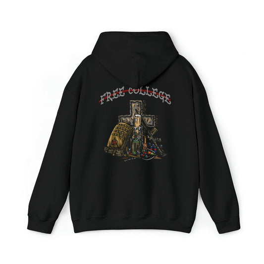 Ben Cantwell Art Free College Cross hoodie, black hoodie with white college cross graphic on front, casual and comfortable apparel.