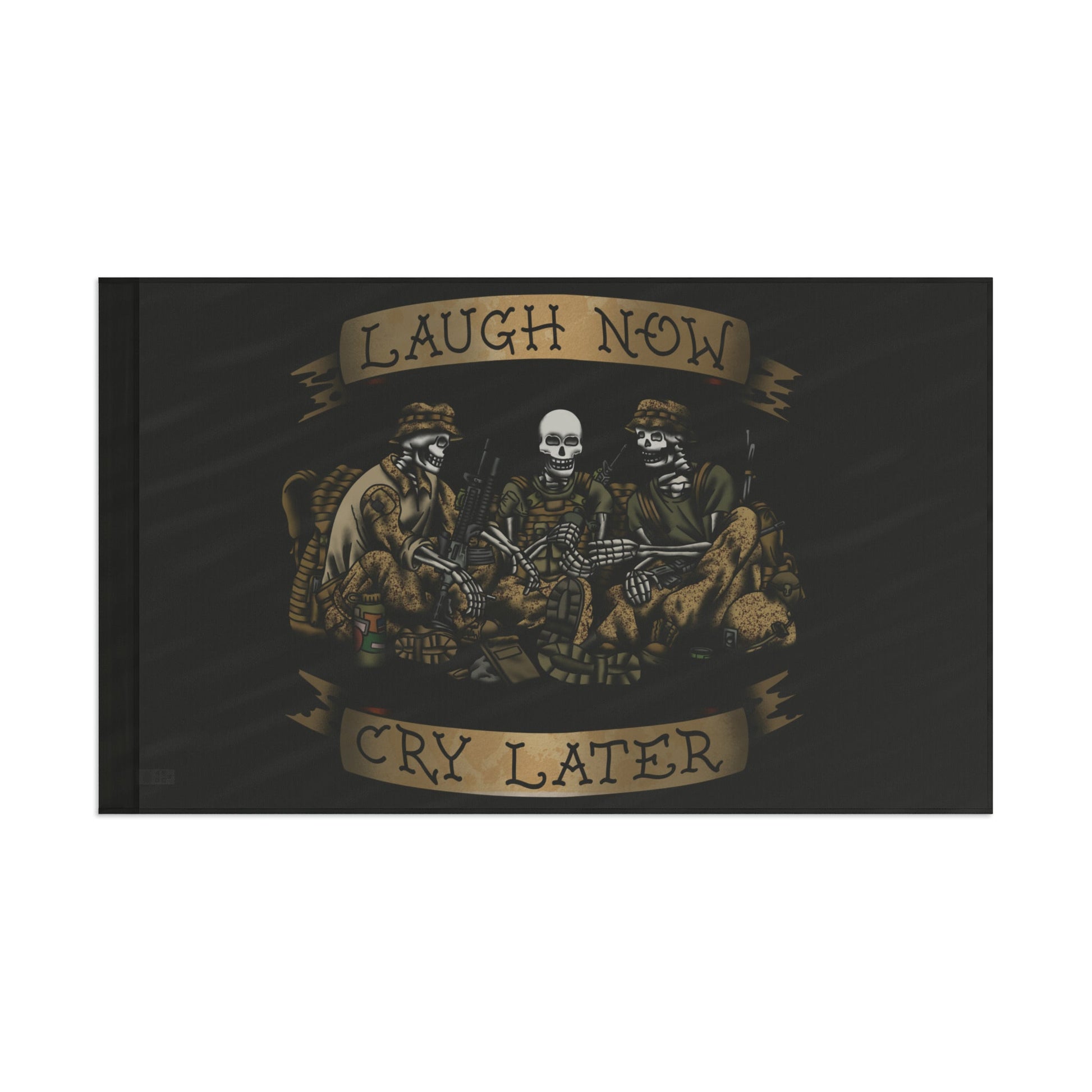Laugh Now Cry Later Skeletons flag by Ben Cantwell Art, featuring black and white skeleton figures for home decor.