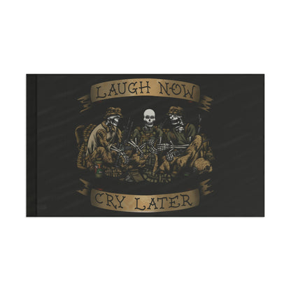 Laugh Now Cry Later Skeletons flag by Ben Cantwell Art, featuring black and white skeleton figures for home decor.