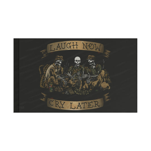 Laugh Now Cry Later Skeletons flag by Ben Cantwell Art, featuring black and white skeleton figures for home decor.