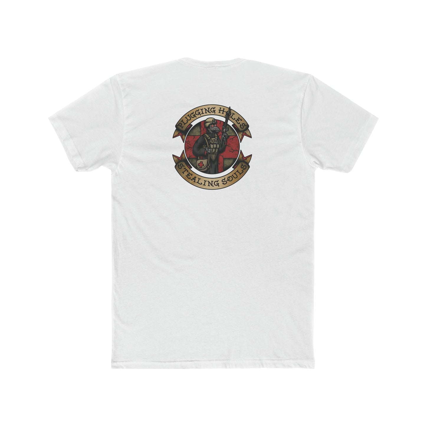 Ben Cantwell Art crew t-shirt featuring "Pluggin' Holes and Stealin' Souls" remastered design with vibrant graphic print.