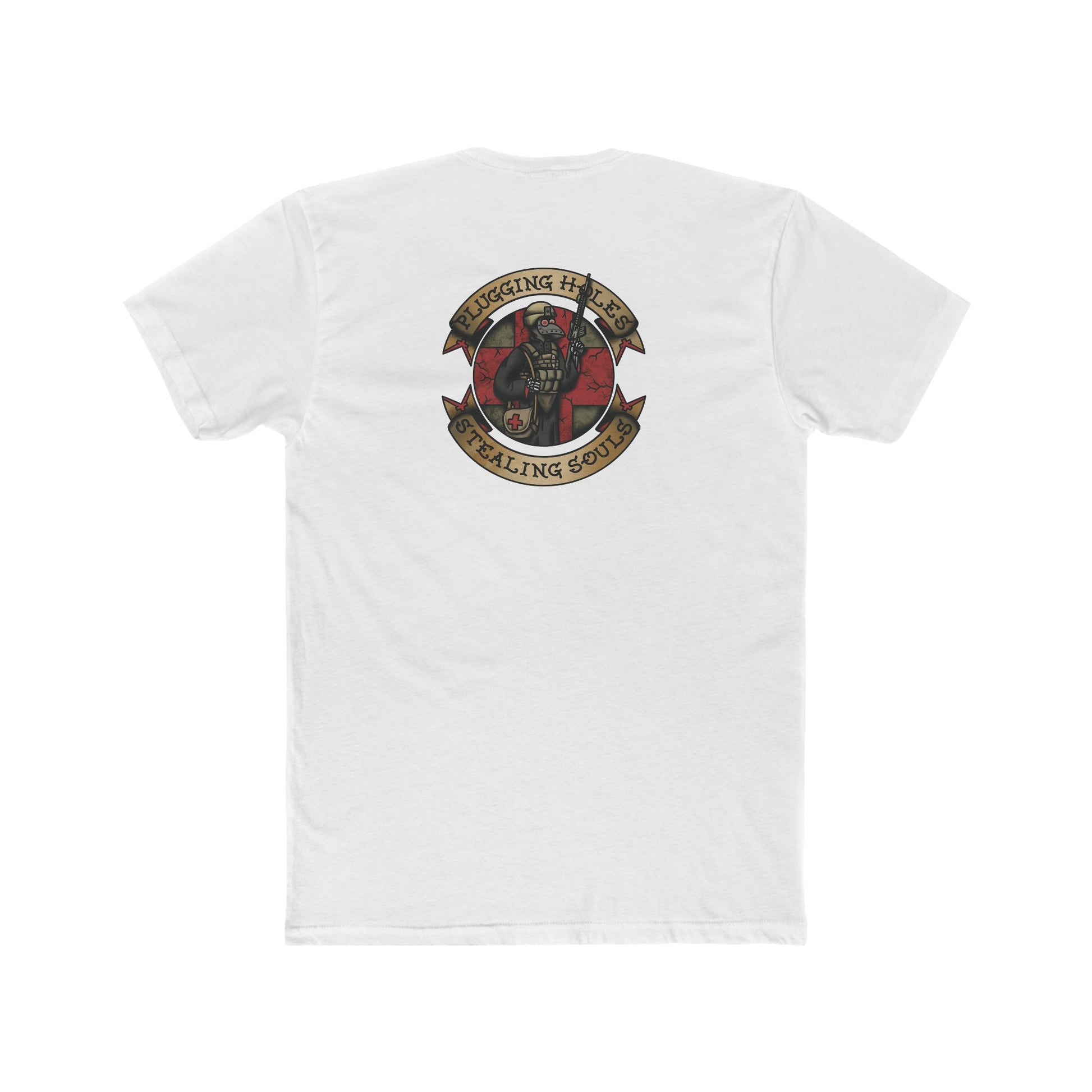 Ben Cantwell Art crew t-shirt featuring "Pluggin' Holes and Stealin' Souls" remastered design with vibrant graphic print.