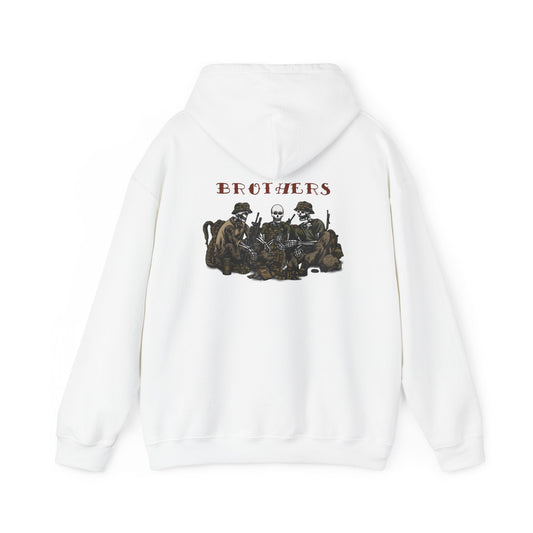 Skeleton Brothers remastered hoodie by Ben Cantwell Art, featuring detailed skeleton artwork on a comfortable black hoodie.