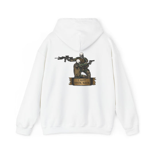 Ben Cantwell Art "I Got Your Back" skeleton hoodie featuring a skeleton design on a cozy black hoodie.