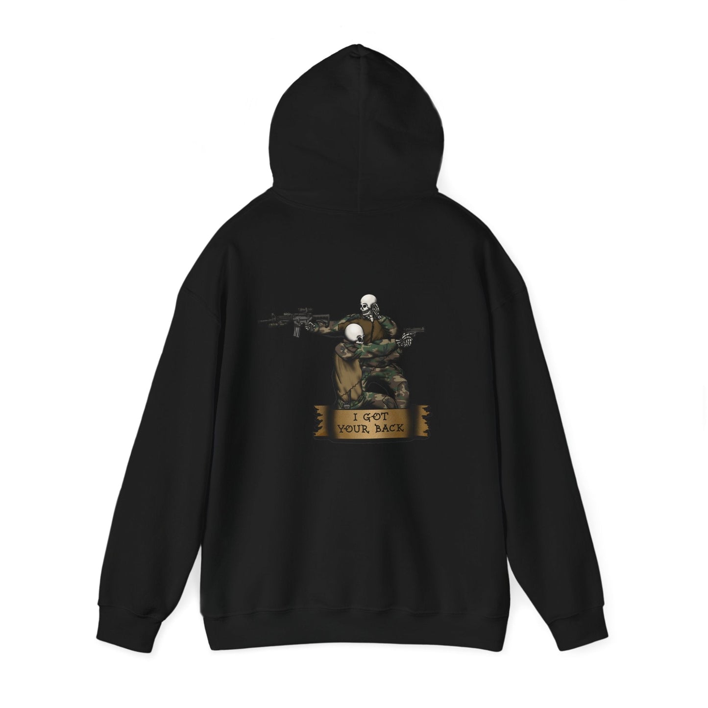 Ben Cantwell Art "I Got Your Back" Skeletons hoodie featuring a graphic of two skeletons hugging on a black sweatshirt.
