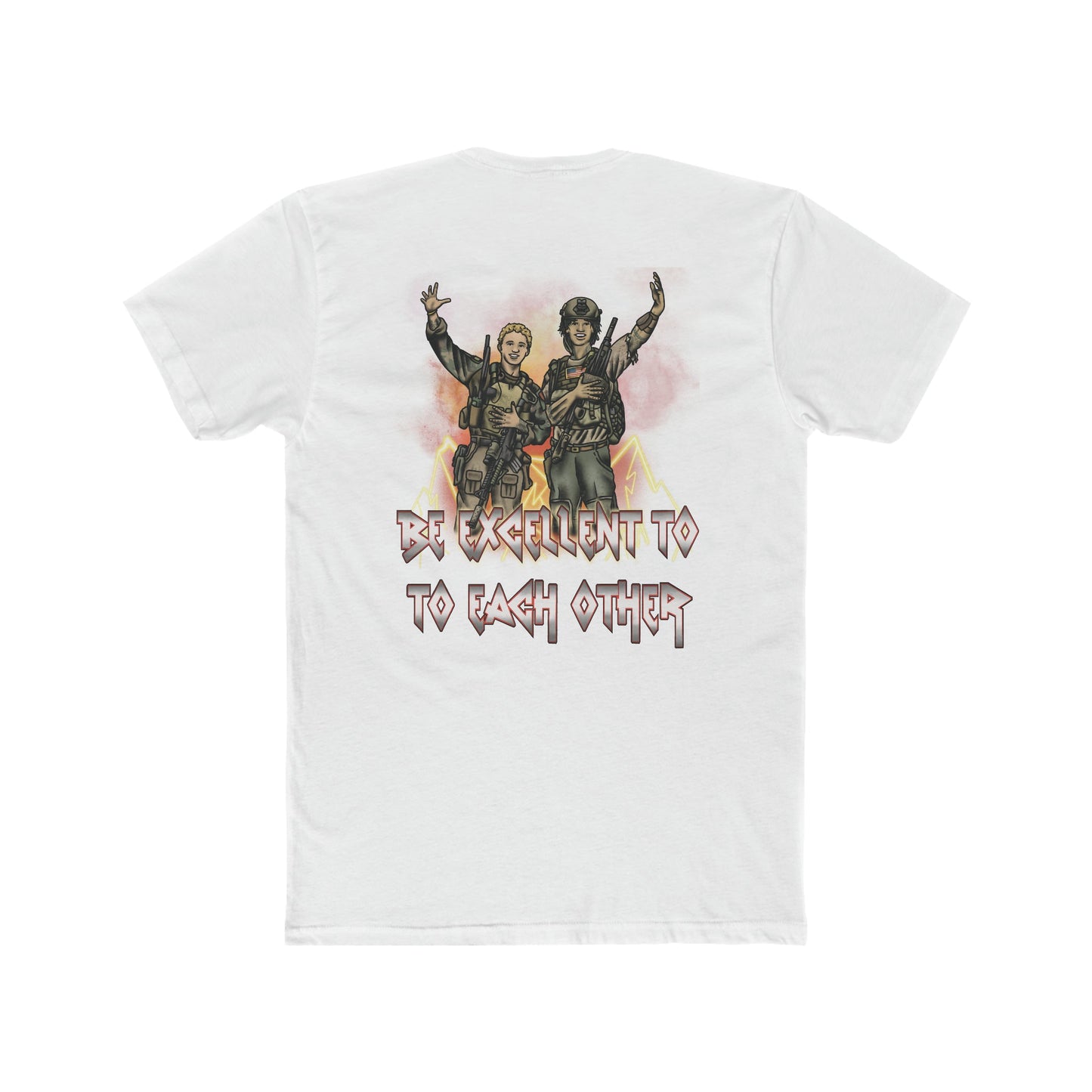 Ben Cantwell Art crew T-shirt featuring Bill and Ted with "Be Excellent To Each Other" slogan in bold print.