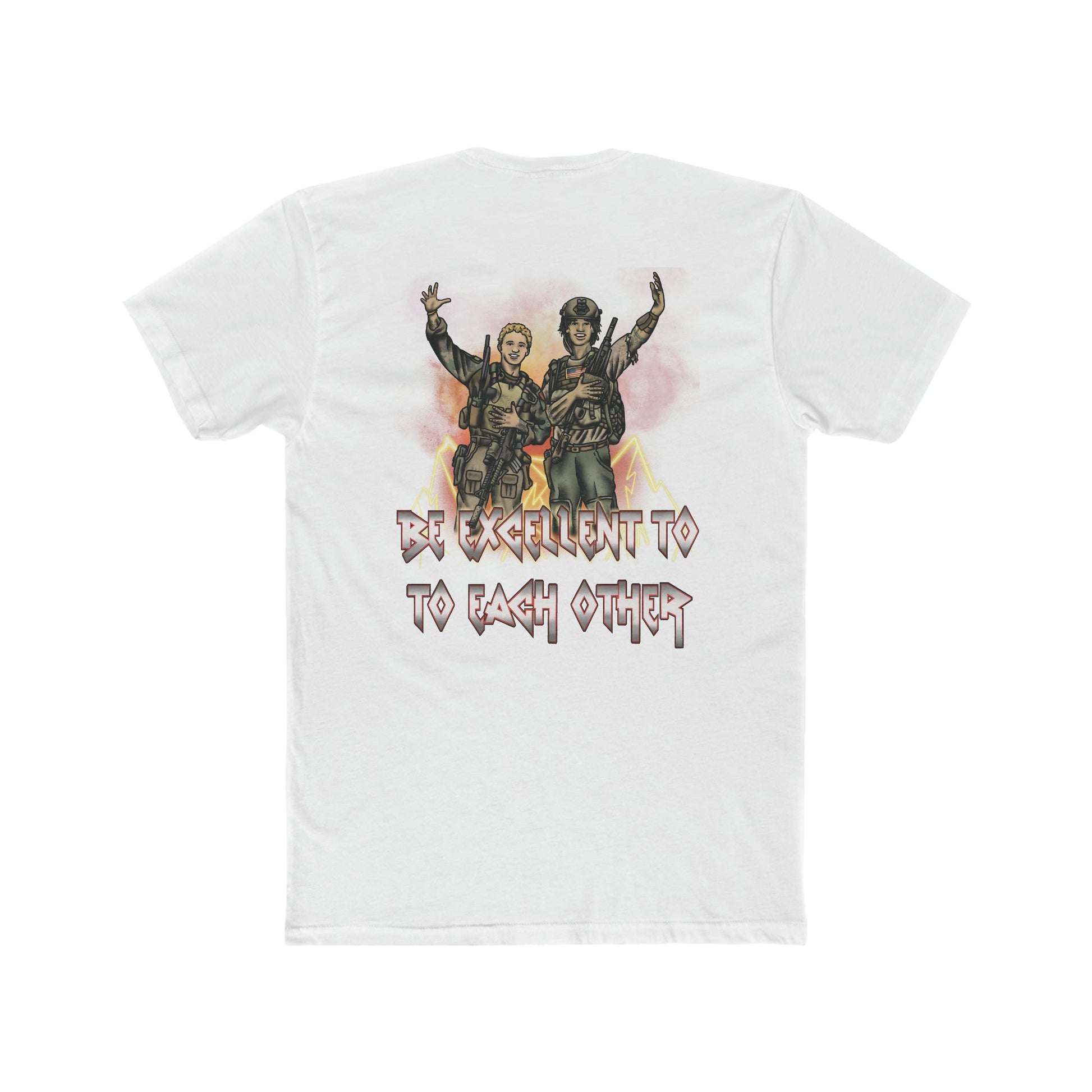 Ben Cantwell Art crew T-shirt featuring Bill and Ted with "Be Excellent To Each Other" slogan in bold print.
