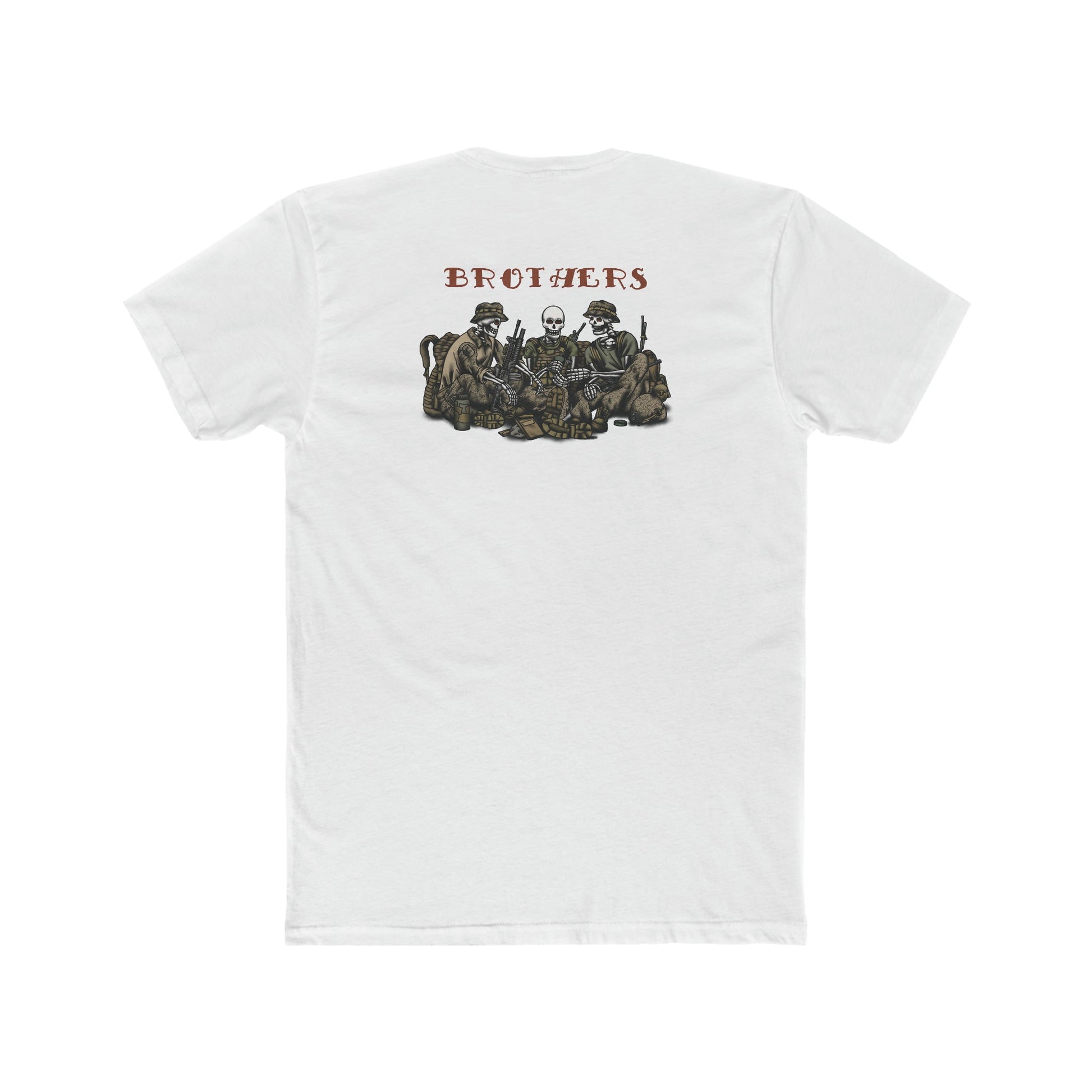Skeleton Brothers crew t-shirt by Ben Cantwell Art featuring a remastered skeleton design on a casual cotton tee.