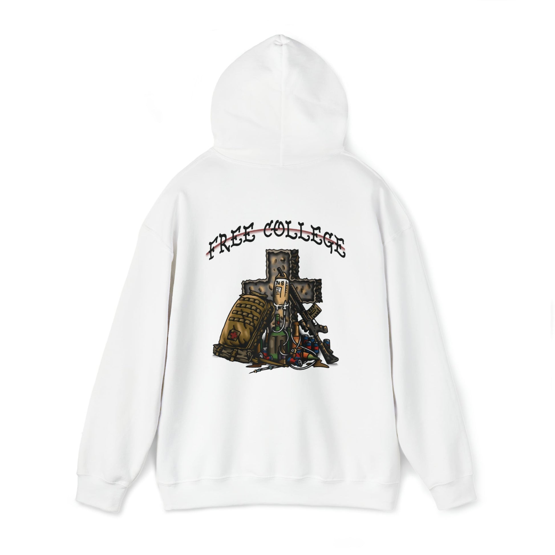 Ben Cantwell Art free college cross hoodie, navy blue hoodie with printed college cross graphic, front view.
