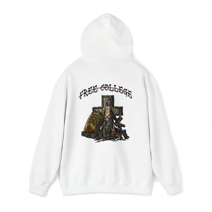 Ben Cantwell Art free college cross hoodie, navy blue hoodie with printed college cross graphic, front view.
