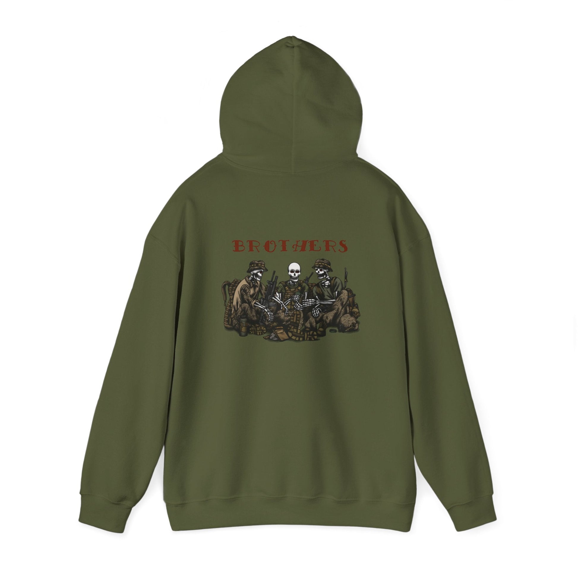 Skeleton Brothers remastered hoodie by Ben Cantwell Art featuring a detailed skeleton design on a comfortable black hoodie.