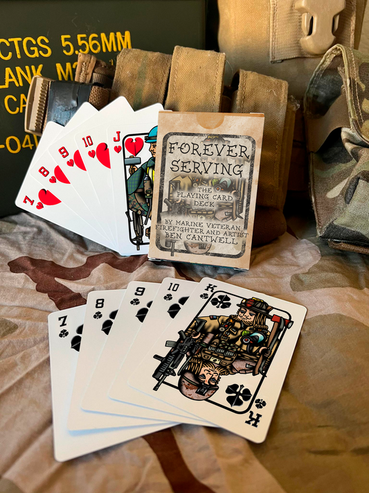 Ben Cantwell Art Forever Serving playing card deck with colorful illustrated playing cards laid out on a table.