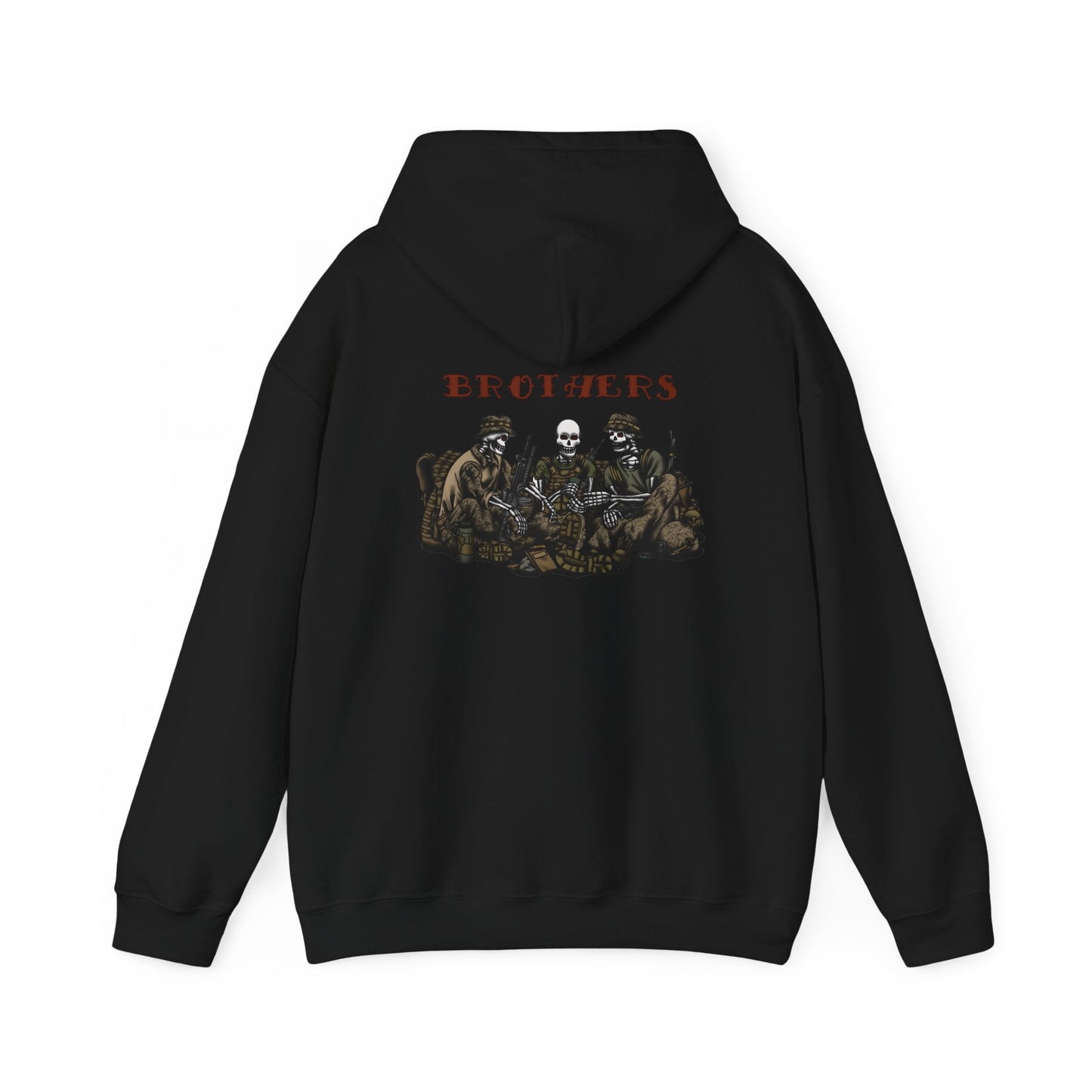 Skeleton Brothers remastered hoodie by Ben Cantwell Art featuring detailed skeleton artwork on a black hoodie.
