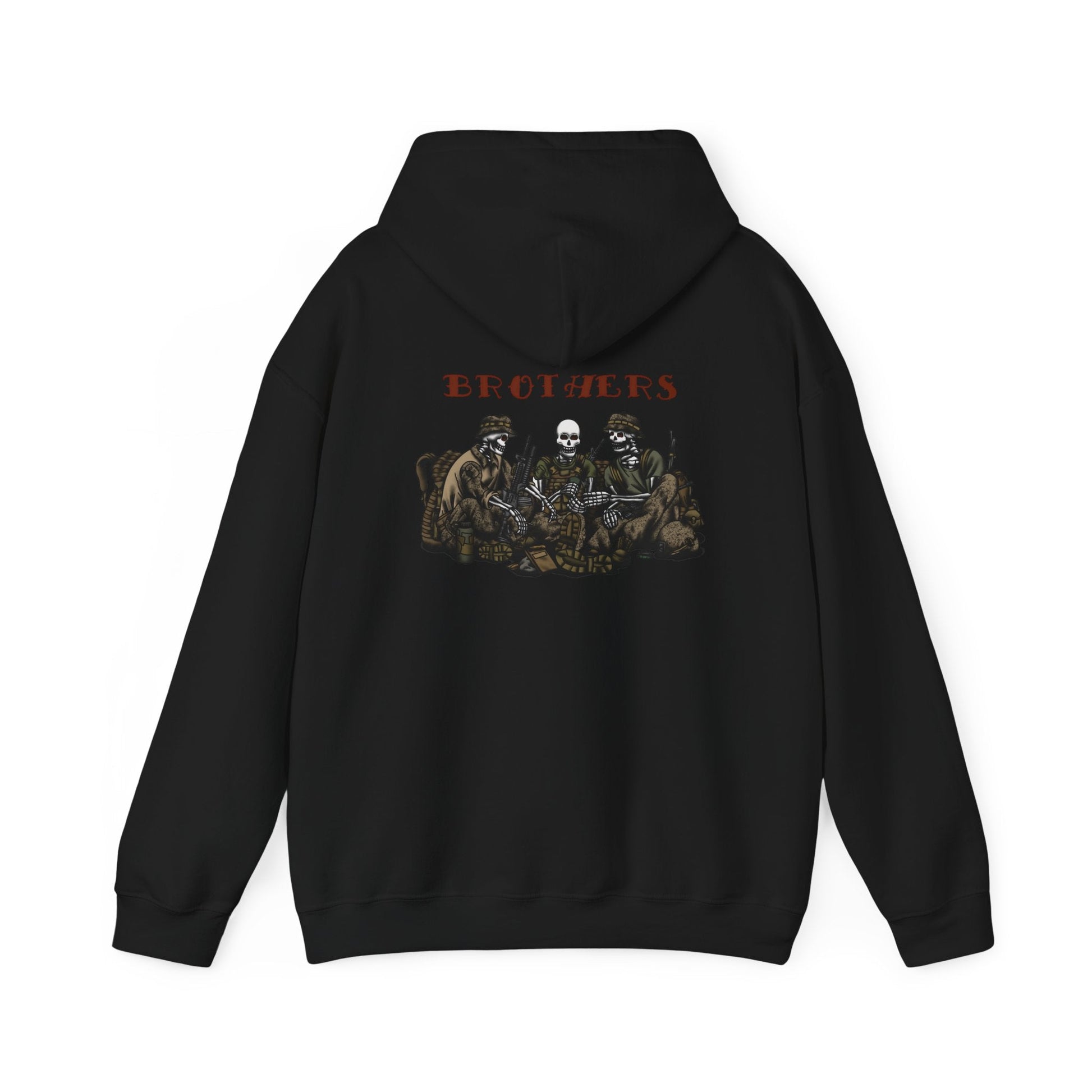 Skeleton Brothers remastered hoodie by Ben Cantwell Art featuring detailed skeleton artwork on a black hoodie.