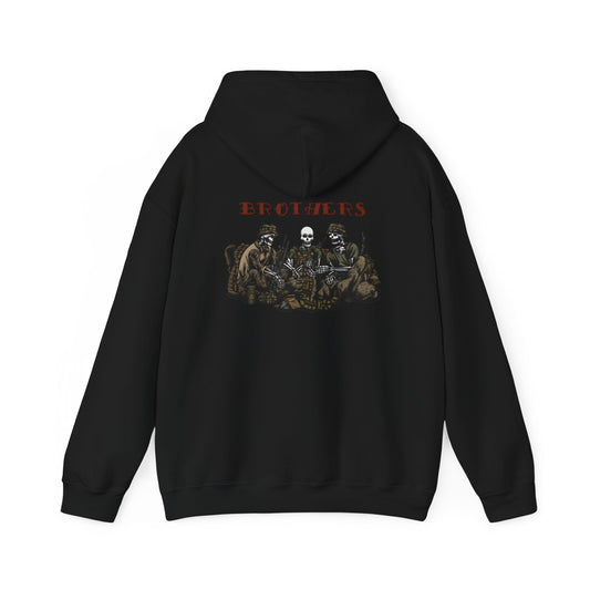 Skeleton Brothers remastered hoodie by Ben Cantwell Art featuring detailed skeleton artwork on a black hoodie.