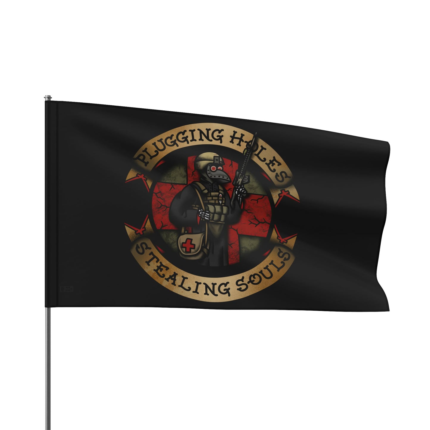 Ben Cantwell Art home decor flag featuring "Pluggin' Holes and Stealin' Souls - Remastered" design with vibrant colors and detailed artwork.