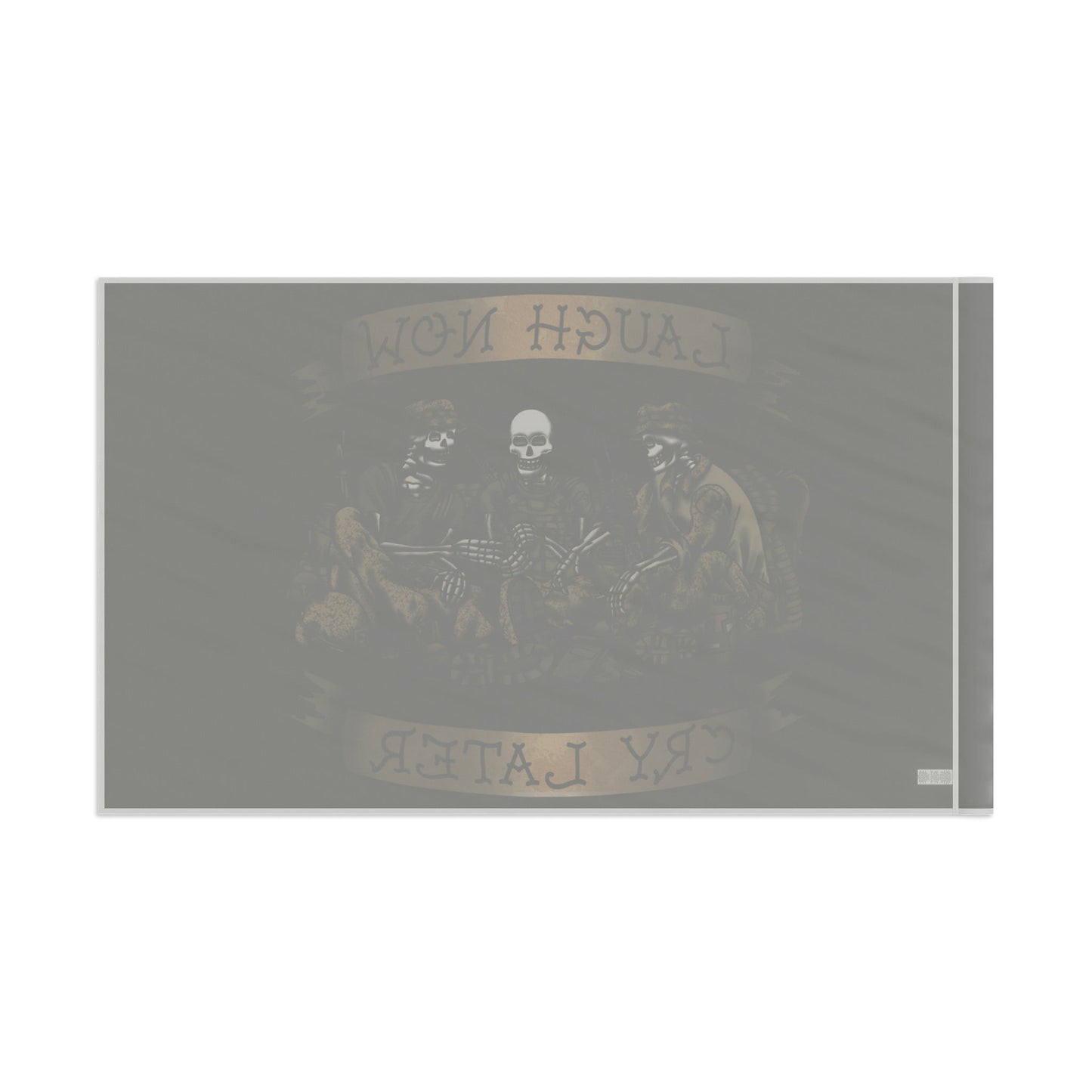 Ben Cantwell Art Laugh Now Cry Later Skeletons flag for home decor featuring humorous skeleton design on fabric.