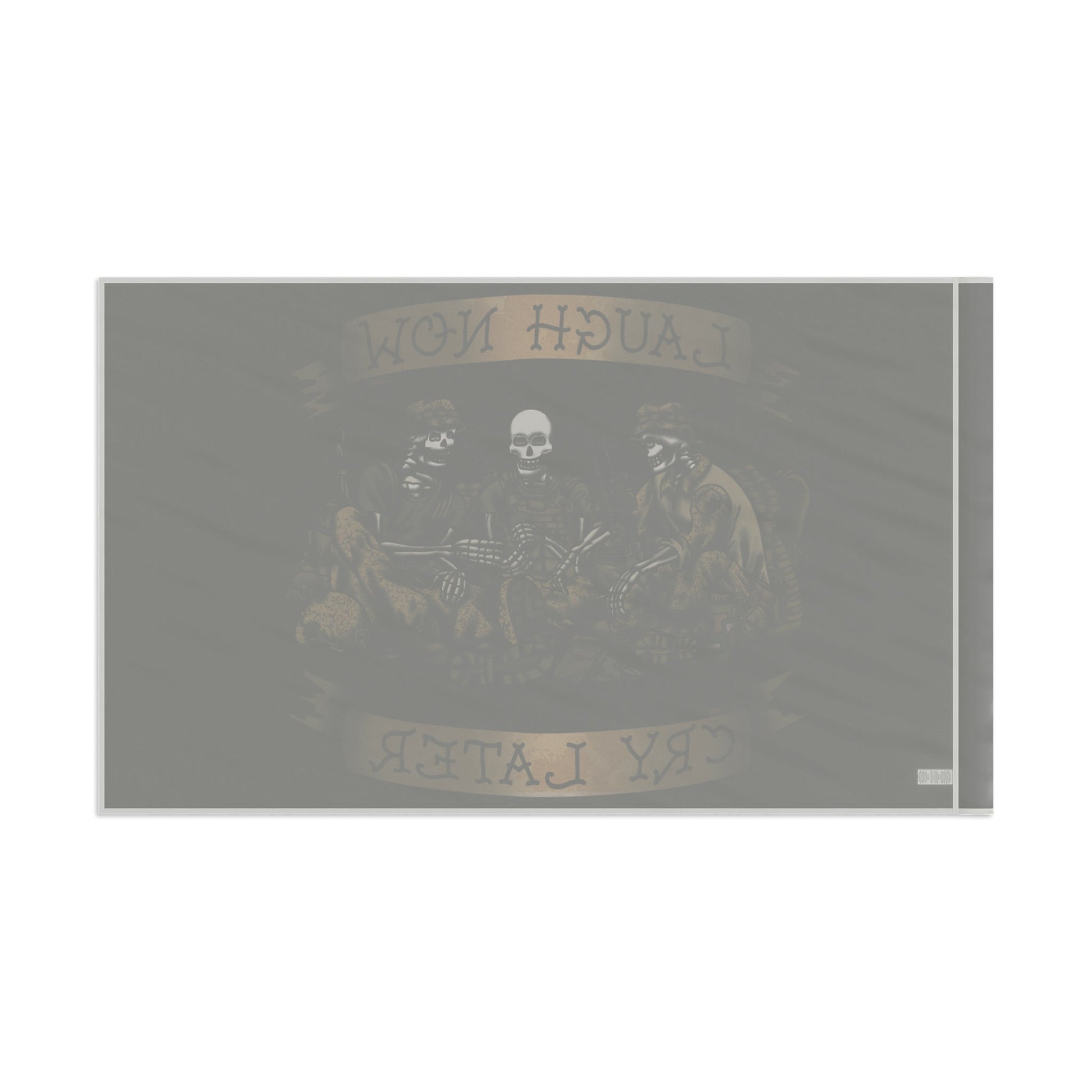 Ben Cantwell Art Laugh Now Cry Later Skeletons flag for home decor featuring humorous skeleton design on fabric.