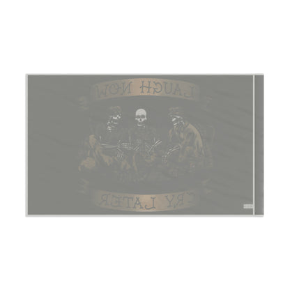 Ben Cantwell Art Laugh Now Cry Later Skeletons flag for home decor featuring humorous skeleton design on fabric.